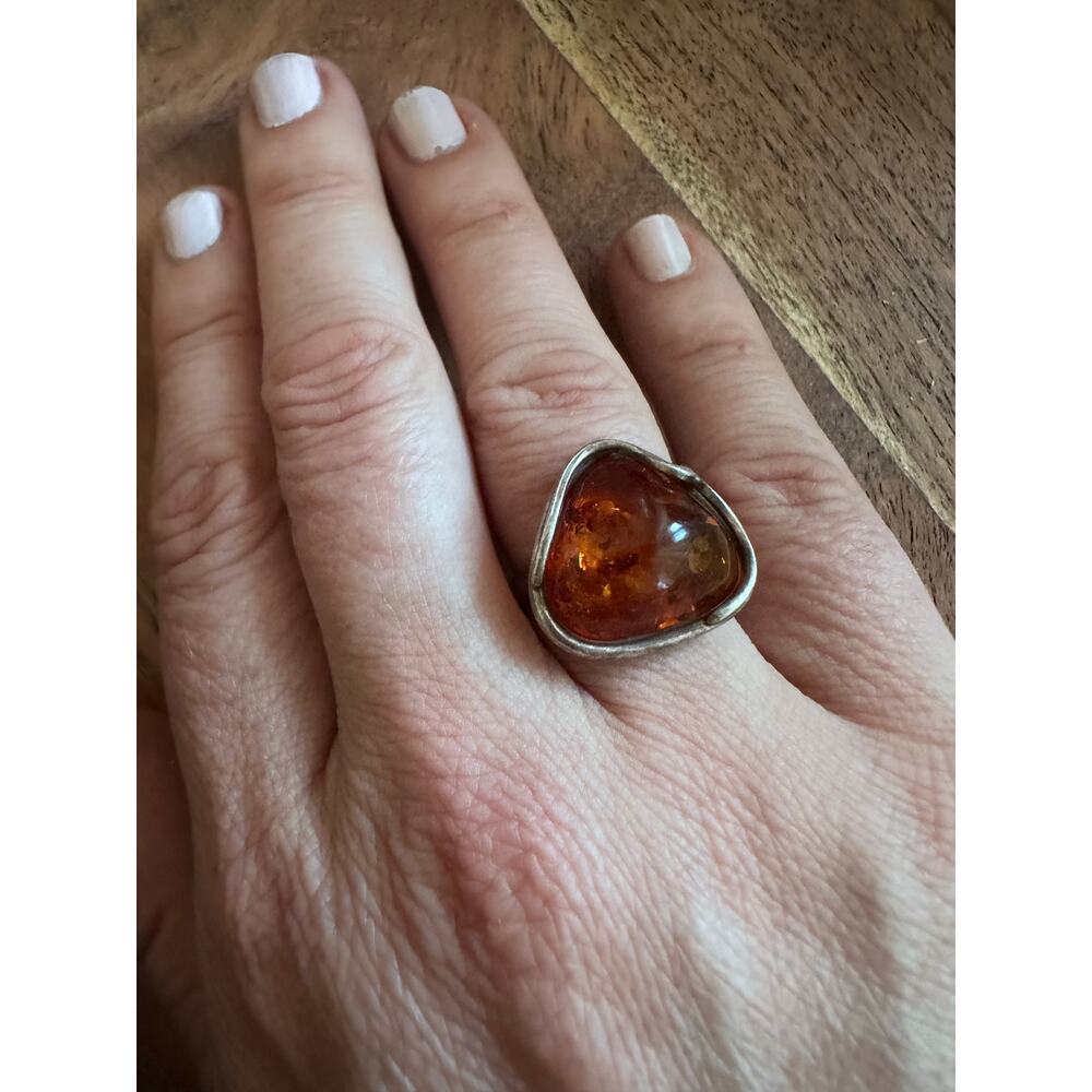 925 Sterling Silver Cognac Amber Ring Size 7
